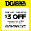 Dollar General: $3 off $15 purchase 10/23 to 10/25
