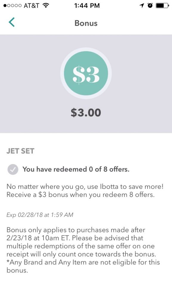 Ibotta Jet Setter $3 Bonus thru 2/27 (redeem 8 offers!)