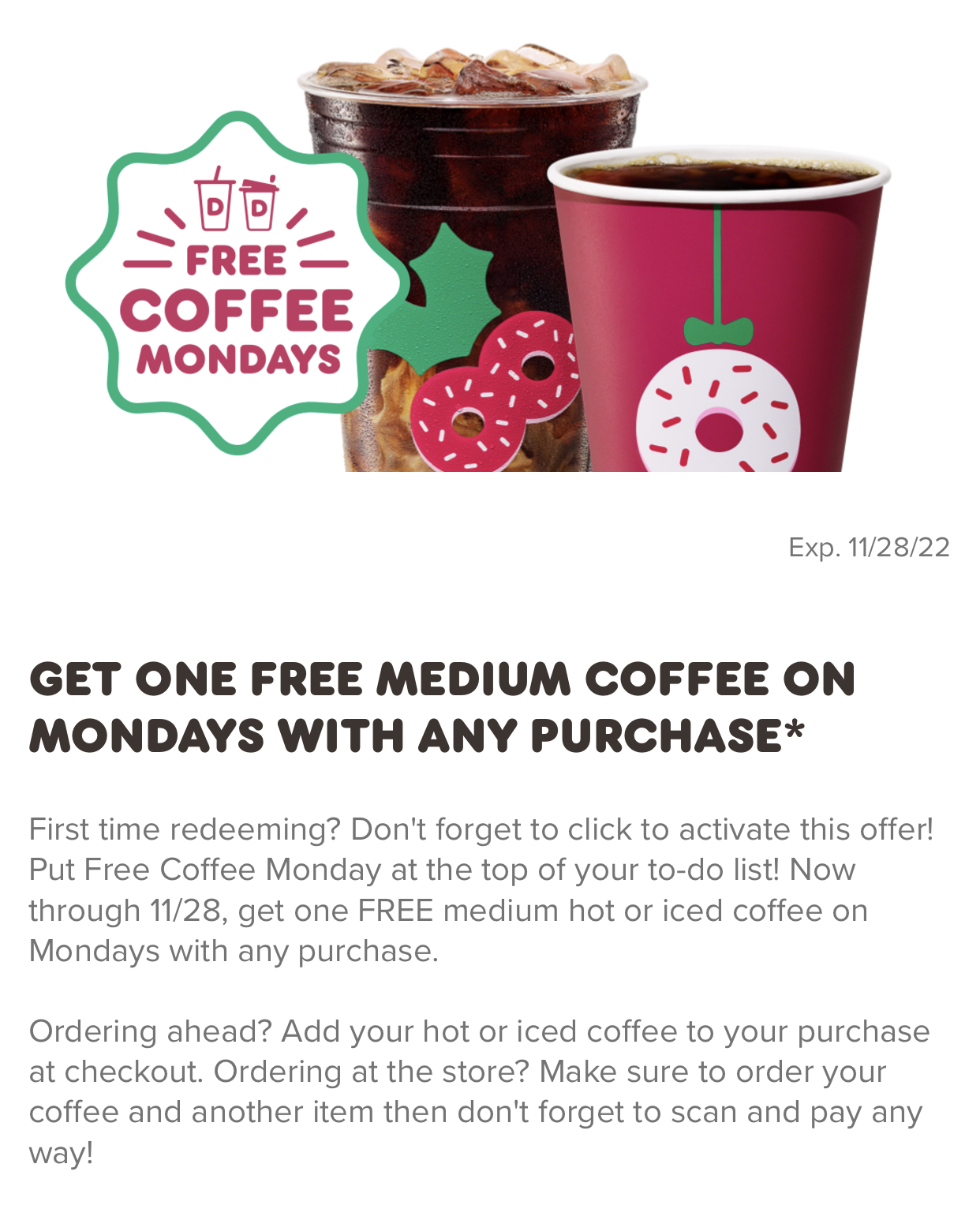 Dunkin' FREE Coffee Mondays in November!