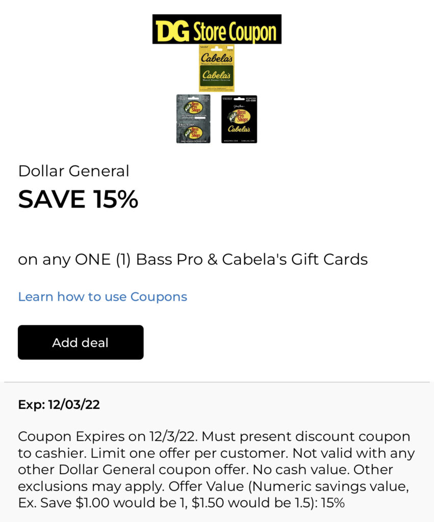 Dollar General: Save 15% off Bass Pro Shops or Cabela’s Gift Cards!