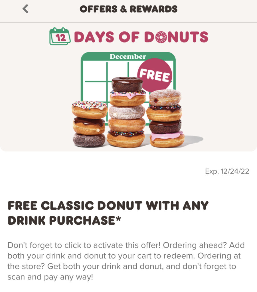 Dunkin’ 12 Days of Donuts: Free Donut with Purchase through 12/24