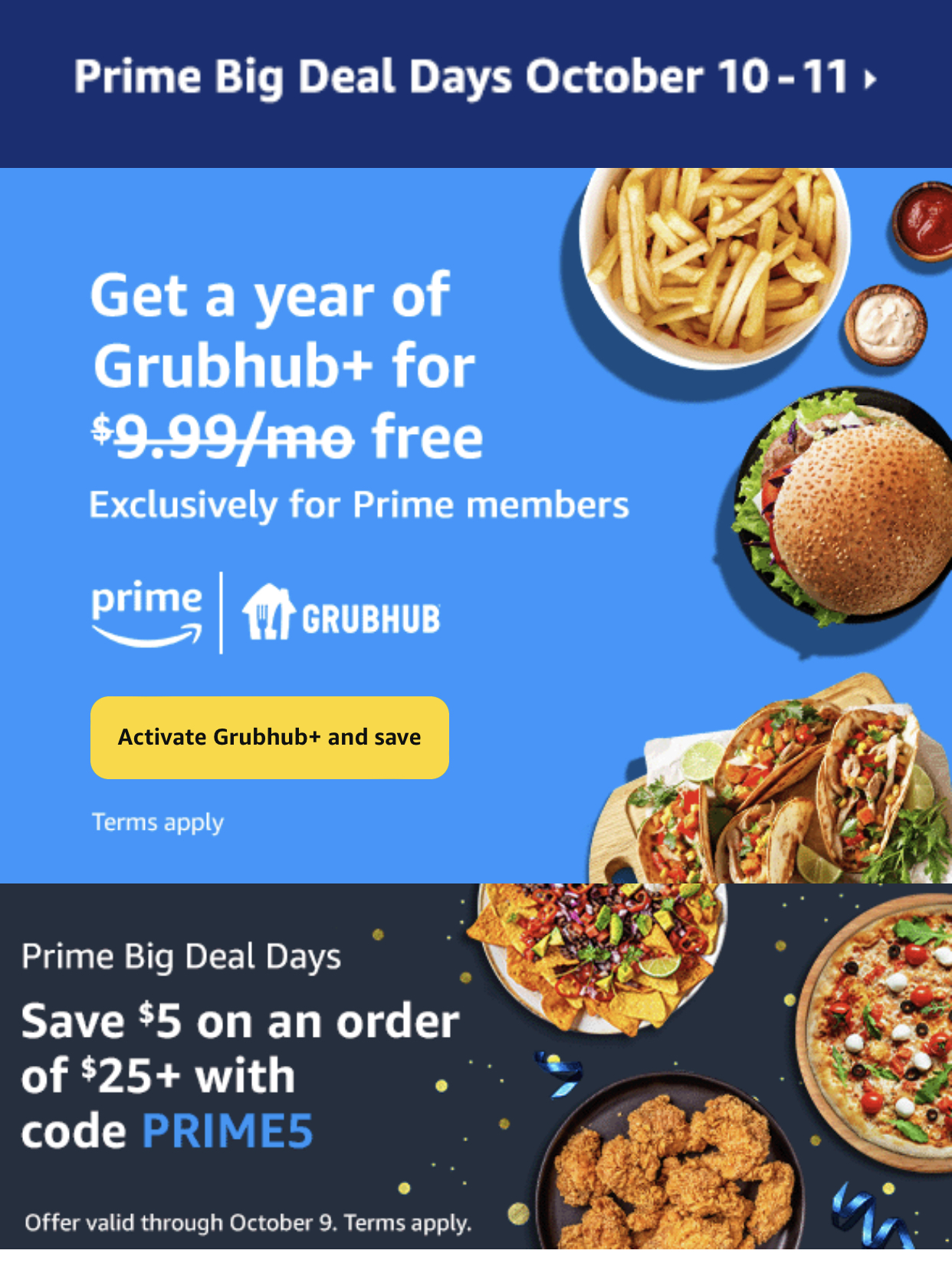 Prime Members Get a FREE YEAR of Grubhub AND 5 off Purchase!