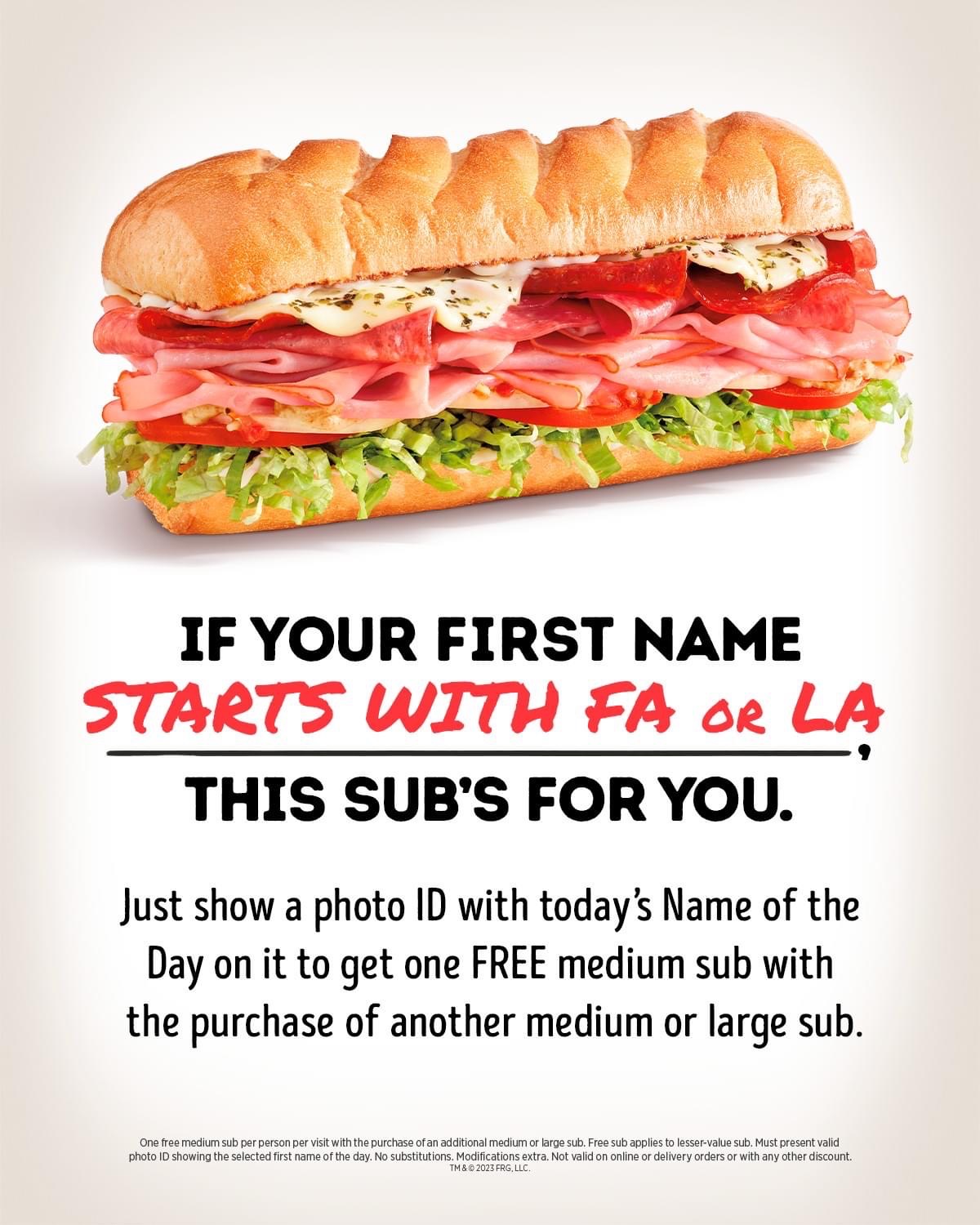 Firehouse Subs Name of the Day BOGO Subs on December 23rd!