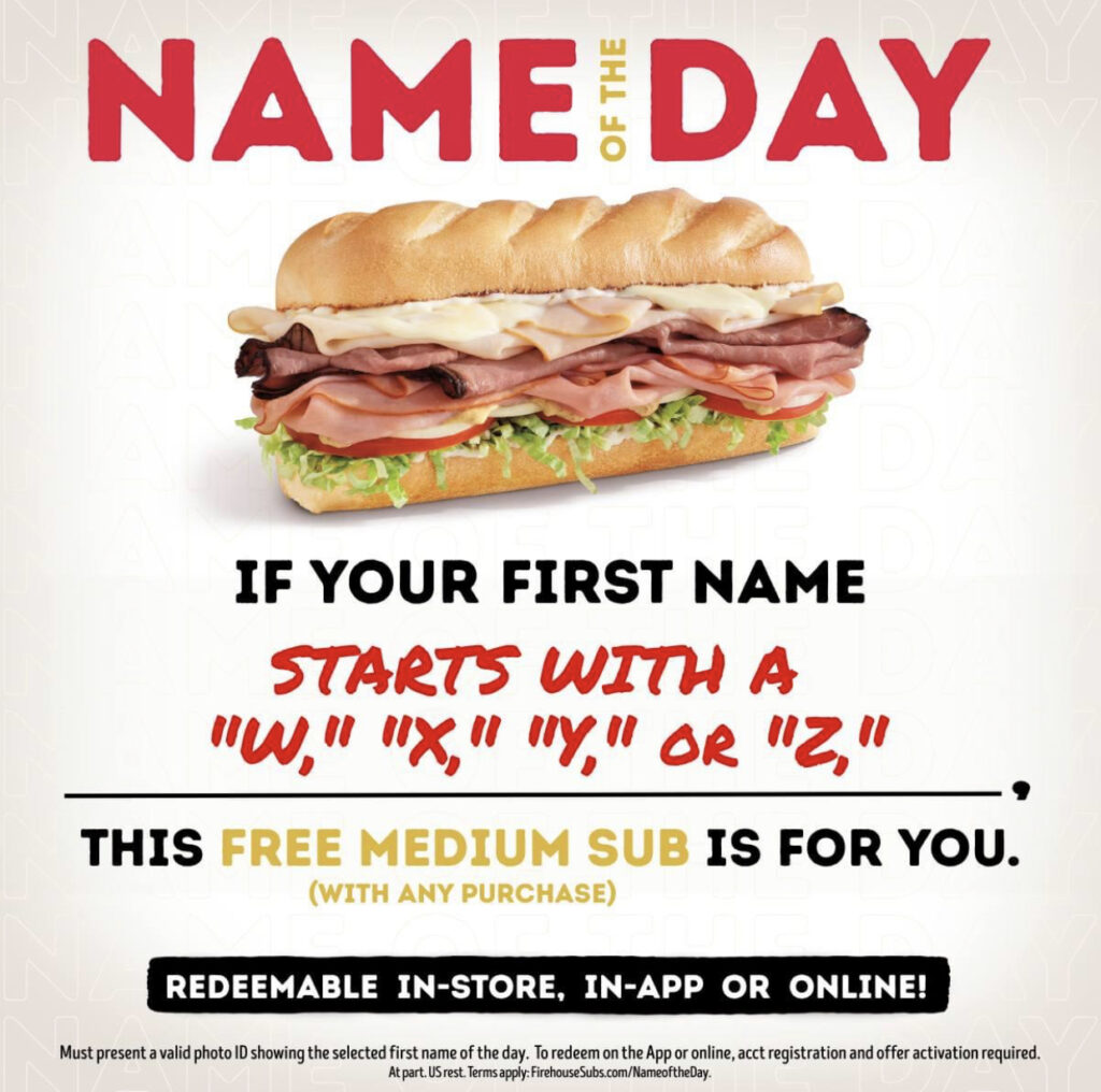 Firehouse Subs Name of the Day June 24: FREE Medium Sub with Purchase!