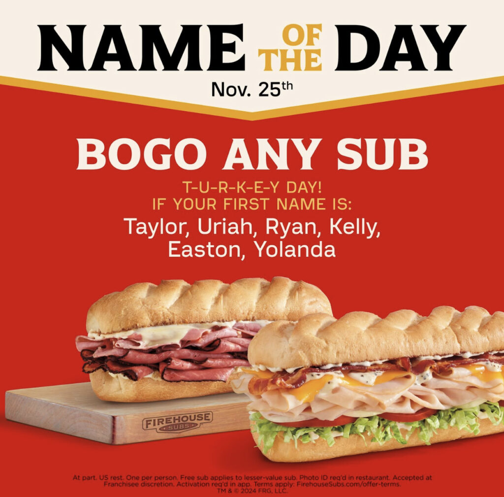 Firehouse Subs Name of the Day November 25th